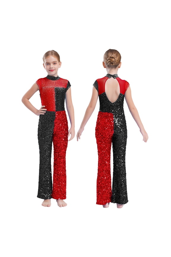 Kids Girls Sequin Dance Jumpsuit Jazz Hip Hop Disco Party Bodysuit Full Body Unitard Romper Leotard Red 8