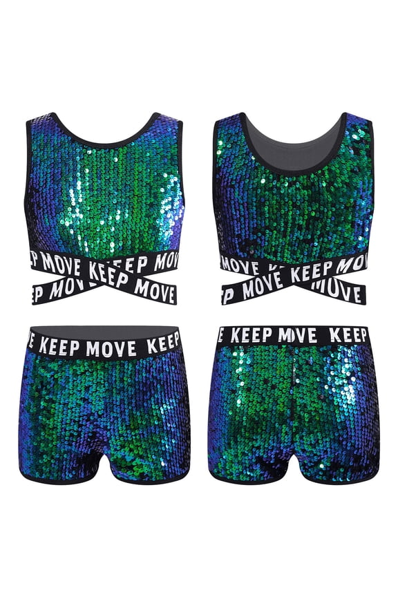 Kids Girls Sequins 2 Pieces Ballet Dance Sport Outfit Tank Top with Shorts Set Dancewear Performance Costume Green 12