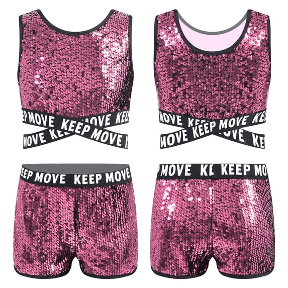 iixpin Kids Girls Sequins 2 Pieces Ballet Dance Sport Outfit Tank Top with Shorts Set Dancewear Performance Costume Pink 8