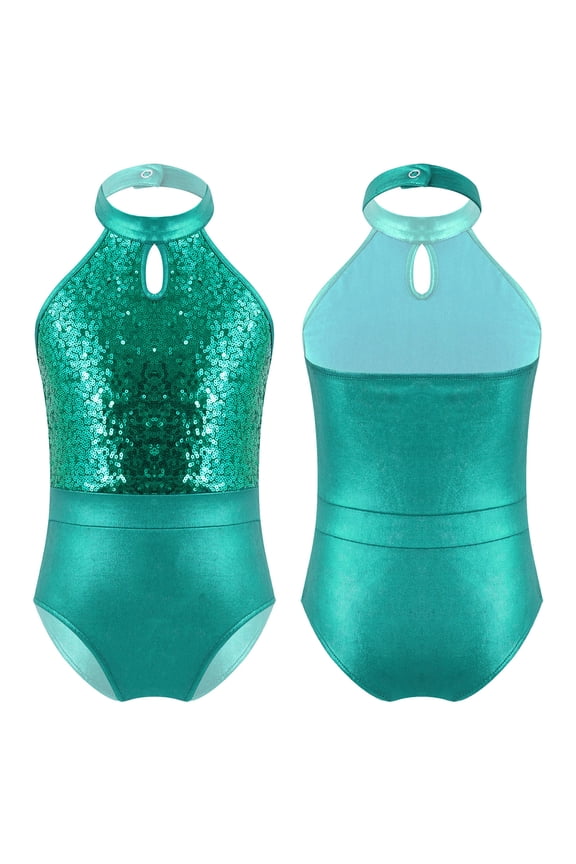 Kids Girls Sequins Ballet Dance Tank Top Halter Neck Gymnastic Leotard Unitard Biketard Cheer Costume Green 12