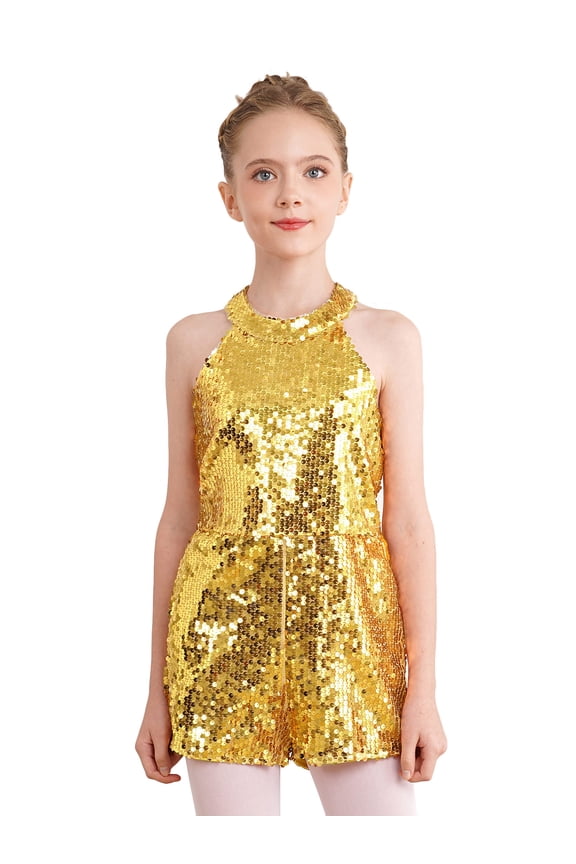 Kids Girls Sequins Dance Leotard Sleeveless Halter Neck Pageant Banquet Romper Gold 10