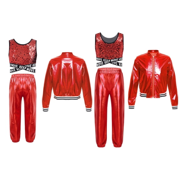 iixpin Kids Girls Sequins Jacket Crop Top and Harem Pants Set Hip Hop Street Dance Outfits Modern Dancewear Red 10