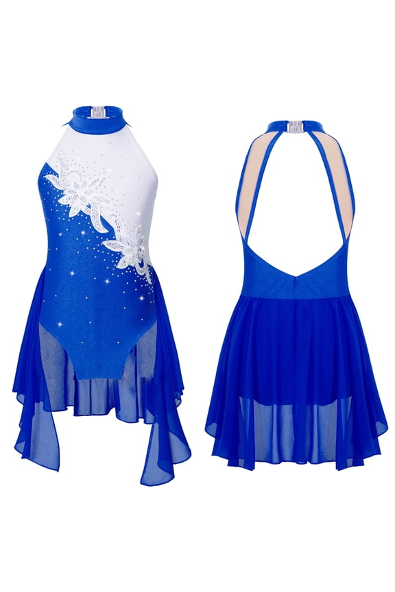 Kids Girls Sequins Lyrical Ballet Dance Dress Sleeveless Gymnastics Leotard Skirt Figure Ice Skating Costume Royal Blue 10
