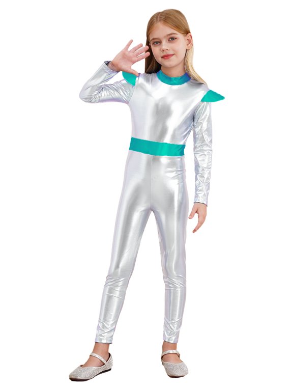 Kids Girls Shiny Metallic Alien Leotard Jumpsuit Outer Space Man Theme Party Dancewear Silver 8