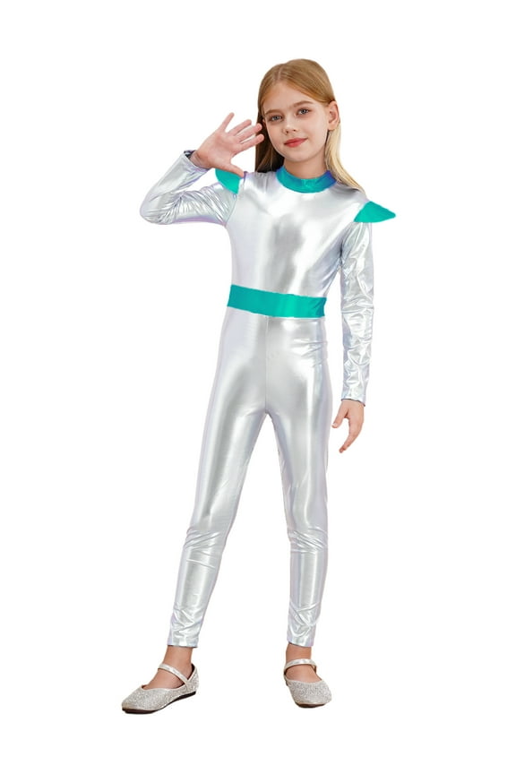 Kids Girls Shiny Metallic Alien Leotard Jumpsuit Outer Space Man Theme Party Dancewear Silver 8