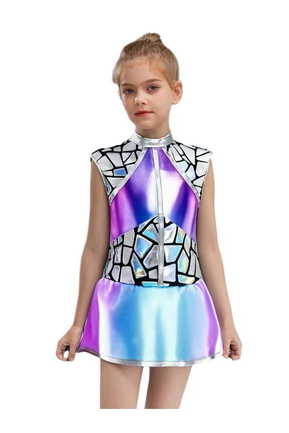 Kids Girls Shiny Metallic Alien Outfits Sleeveless Flared A Line Dance Dress Outer Space Blue 6