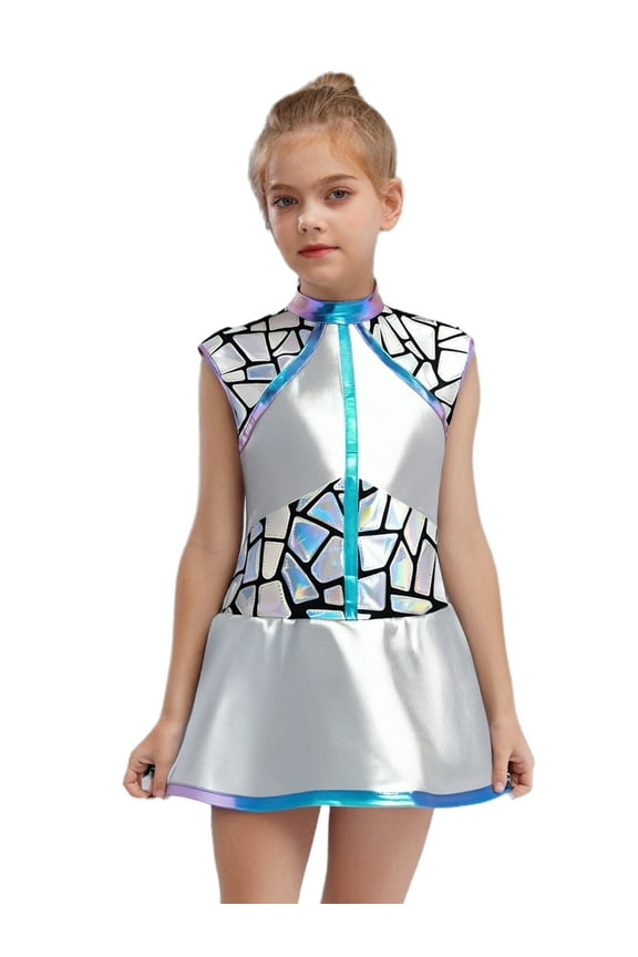 Kids Girls Shiny Metallic Alien Outfits Sleeveless Flared A Line Dance Dress Outer Space Silver 12