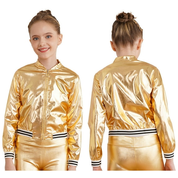 iixpin Kids Girls Shiny Metallic Baseball Jacket Long Sleeve Sparkle Bomber Jacket Coat Outerwear Dance Tops Gold 16