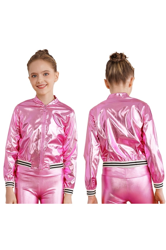 Kids Girls Shiny Metallic Baseball Jacket Long Sleeve Sparkle Bomber Jacket Coat Outerwear Dance Tops Pink 16