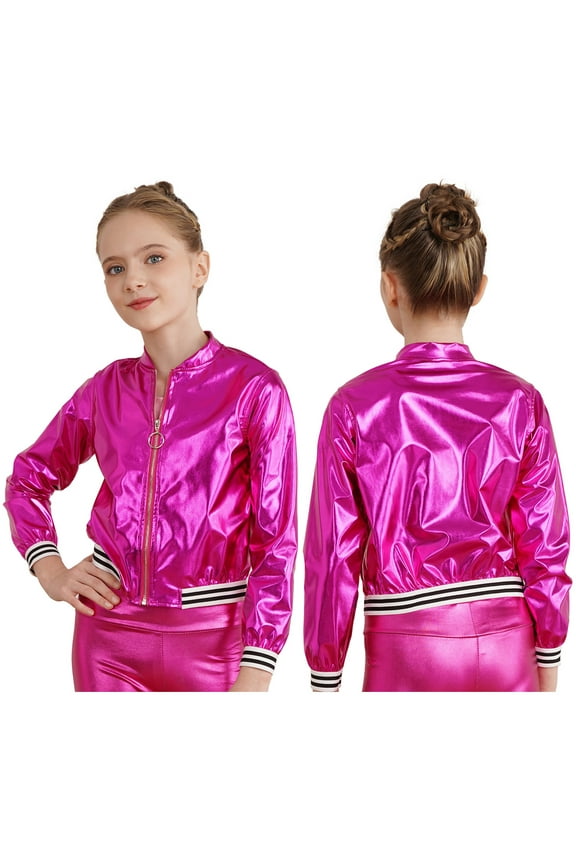 Kids Girls Shiny Metallic Baseball Jacket Long Sleeve Sparkle Bomber Jacket Coat Outerwear Dance Tops Rose 8