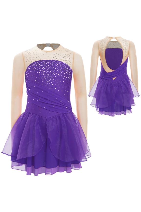Kids Girls Shiny Rhinestone Figure Ice Skating Dance Dress Lyrical Ballet Leotard Dress Dancewear Purple 16