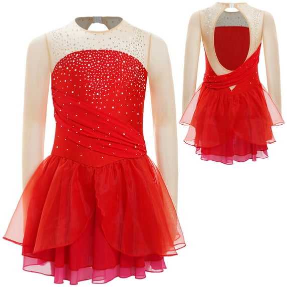 iixpin Kids Girls Shiny Rhinestone Figure Ice Skating Dance Dress Lyrical Ballet Leotard Dress Dancewear Red 16