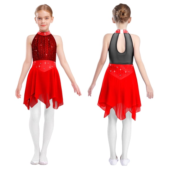 iixpin Kids Girls Shiny Rhinestone Halter Figure Ice Skating Dress Lyrical Modern Ballet Leotard Dance Dress Burgundy 8