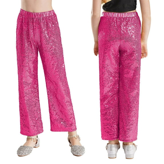 iixpin Kids Girls Shiny Sequin Jazz Dance Pants Disco Party Flared Trousers Stage Performance Hip Hop Dance Costume Hot Pink 14