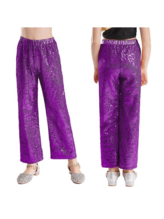 Kids Girls Shiny Sequin Jazz Dance Pants Disco Party Flared Trousers Stage Performance Hip Hop Dance Costume Purple 8
