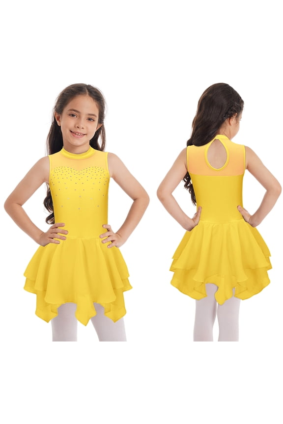 Kids Girls Shiny Sleeveless Figure Ice Skating Dress Ballet Lyrical Dancewear Modern Dance Performance Costume Yellow 12