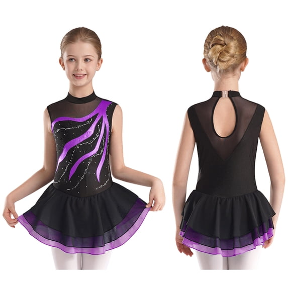iixpin Kids Girls Sleeveless Figure Ice Skating Leotard Ballet Dance Dress Ballerina Ballroom Performance Costume Purple 12