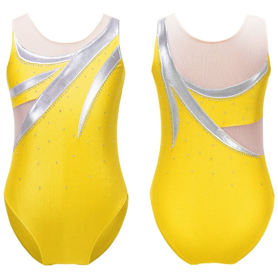 iixpin Kids Girls Sleeveless Gymnastic Leotard Shinny Rhinestone Ballet Dance Bodysuit Figure Skating Costume Yellow 16