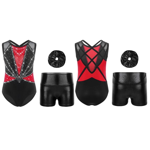 iixpin Kids Girls Sleeveless Gymnastics Leotard Ballet Dance Unitard Biketard with Shorts Scrunchies Set Red 8