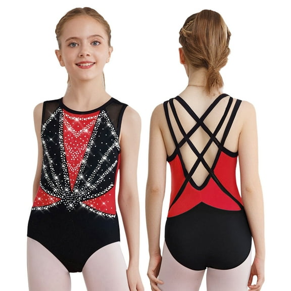 iixpin Kids Girls Sleeveless Gymnastics Leotard Sparkly Dance Bodysuit Cross Back Shiny Ballet Dancewear Red 6