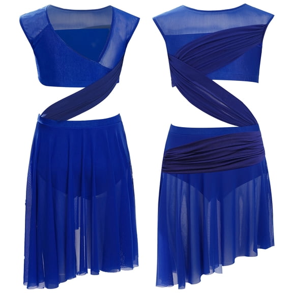 iixpin Kids Girls Sleeveless Lyrical Latin Jazz Ballet Leotard Dress Mesh Patchwork Skating Competition Dancewear Blue 12