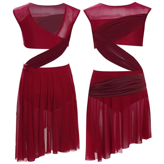 iixpin Kids Girls Sleeveless Lyrical Latin Jazz Ballet Leotard Dress Mesh Patchwork Skating Competition Dancewear Burgundy 16