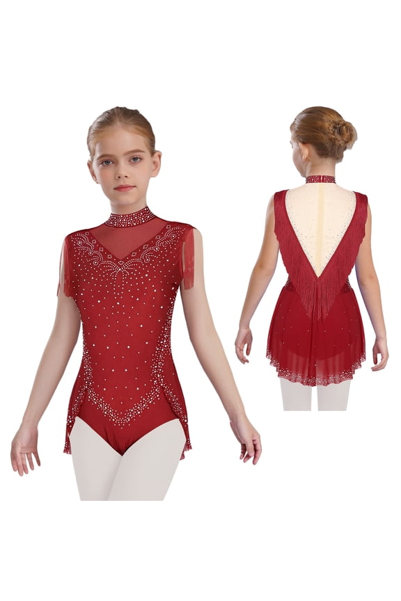 Kids Girls Sleeveless Sparkly Tassel Gymnastics Leotard Skating Jumpsuit Bodysuit Performance Dancewear Burgundy 10