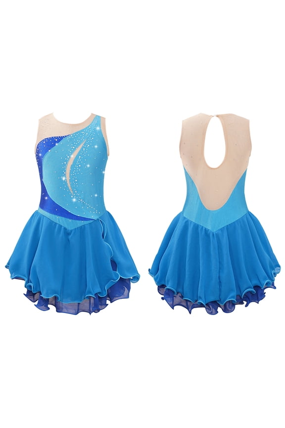 Kids Girls Sparkle Ballet Lyrical Dance Dress Gymnastic Skirted Leotard Figure Ice Skating Dress Dancewear Light Blue 10