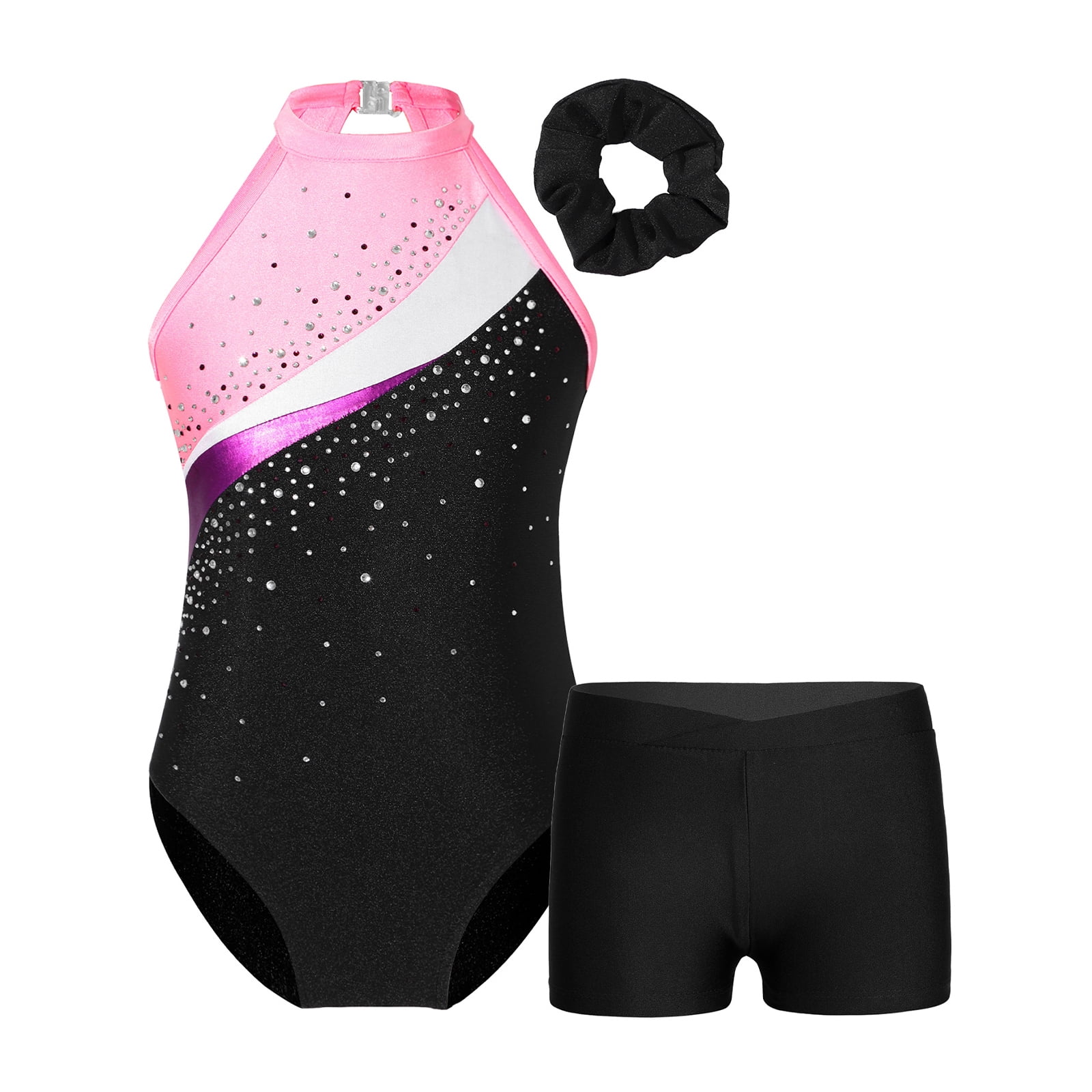 iixpin Kids Girls Sparkle Gymnastics Leotards with Shorts Hair Band ...