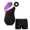 thumbnail image 1 of iixpin Kids Girls Sparkle Gymnastics Leotards with Shorts Hair Band Ballet Dance Bodysuit Tumbling Outfits Sports Unitards Purple&Black 14, 1 of 5