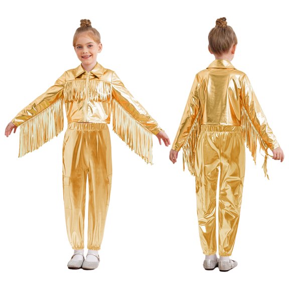 iixpin Kids Girls Sparkly 2PCS Hip Hop Jazz Dance Outfit Long Sleeve Tassel Jacket with Metallic Jogger Pants Gold 10