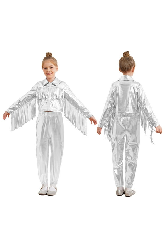 Kids Girls Sparkly 2PCS Hip Hop Jazz Dance Outfit Long Sleeve Tassel Jacket with Metallic Jogger Pants Silver 6