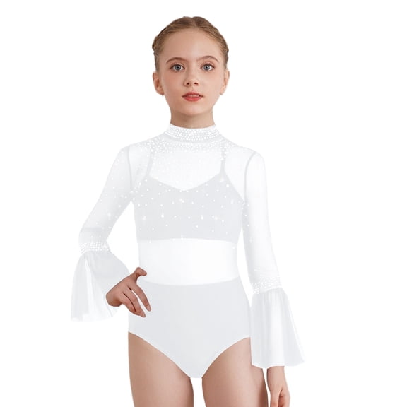 iixpin Kids Girls Sparkly Flare Sleeve Dance Leotard Figure Skating Gymnastics Sheer Mesh Patchwork Bodysuit White 16