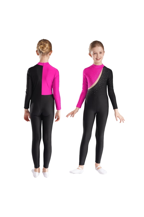 Kids Girls Sparkly Long Sleeve Full Body Figure Skating Jumpsuit Gymnastics Leotard Unitard Bodysuit Catsuit Hot Pink 12