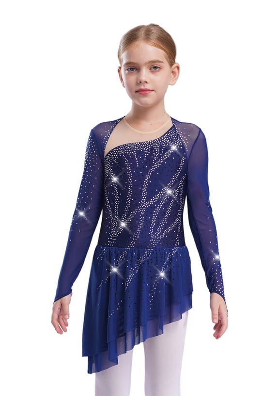 Kids Girls Sparkly Lyrical Dance Dress Figure Ice Skating Ballet Skirted Leotard Competition Dancewear Navy Blue 14