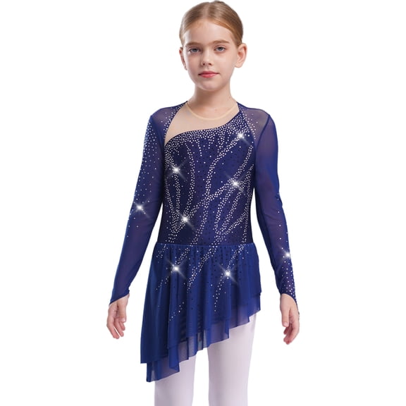 iixpin Kids Girls Sparkly Lyrical Dance Dress Figure Ice Skating Ballet Skirted Leotard Competition Dancewear Navy Blue 14
