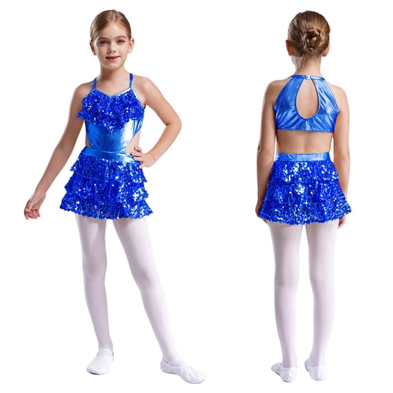 iixpin Kids Girls Tiered Ruffle Sequins Latin Salsa Samba Rumba Dance Costumes Sleeveless Metallic Dresses Blue 12