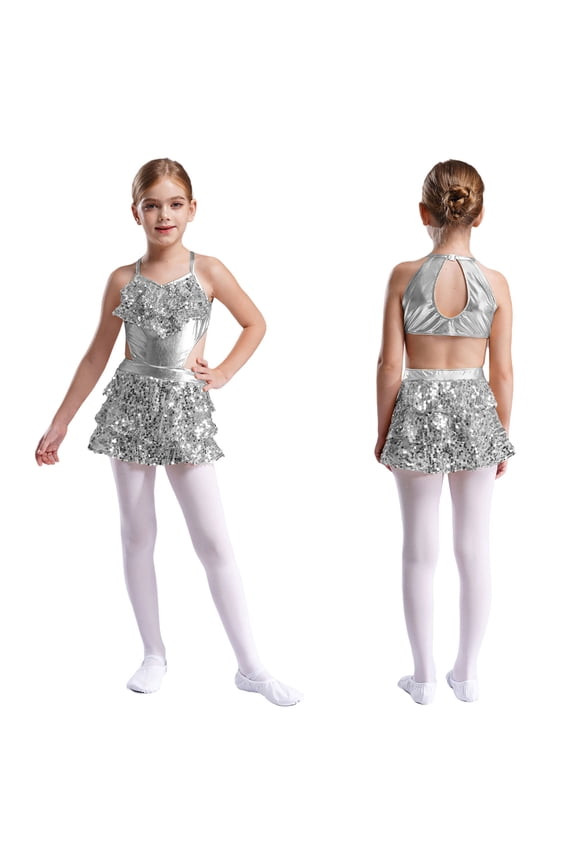 Kids Girls Tiered Ruffle Sequins Latin Salsa Samba Rumba Dance Costumes Sleeveless Metallic Dresses Silver 10