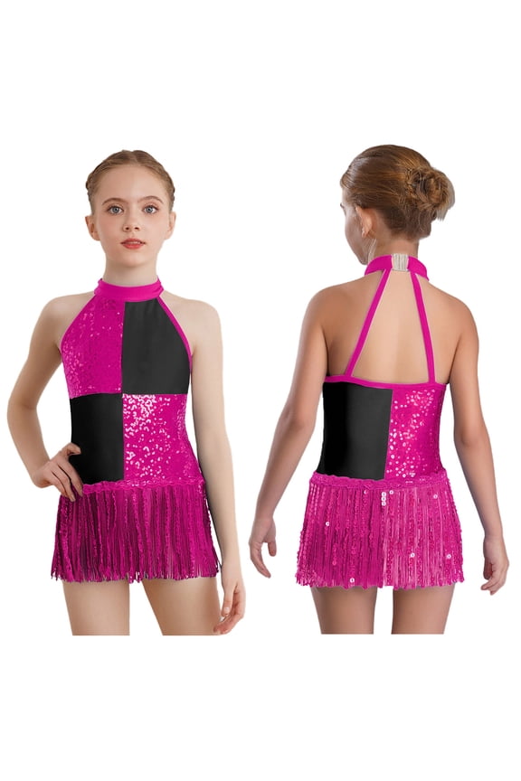 Kids Girls Tutu Skirt Leotard Fringed Bodysuit Latin Dance Dress Modern Jazz Ballroom Dancing Outfits Hot Pink 14
