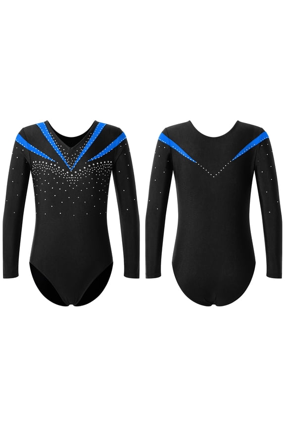 Leotards for Girls One Piece Rhinestone Long Sleeve Athletics Gym Dance Unitard Biketard Bodysuit Blue 6
