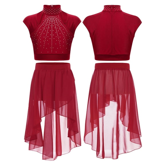 iixpin Little Girls Shiny Rhinestone Sleeveless Dance Dress for Kids Ballet Lyrical Dance Gymnastics Outfits Dancewear Burgundy 14