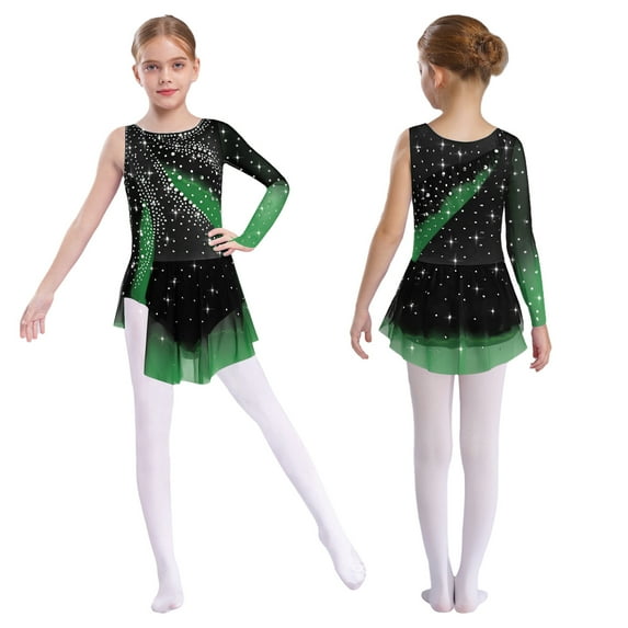 iixpin Lyrical Dance Dress for Girls Asymmetrical Figure Ice Skating Competition Outfits Dancing Clothes Dark Green 16