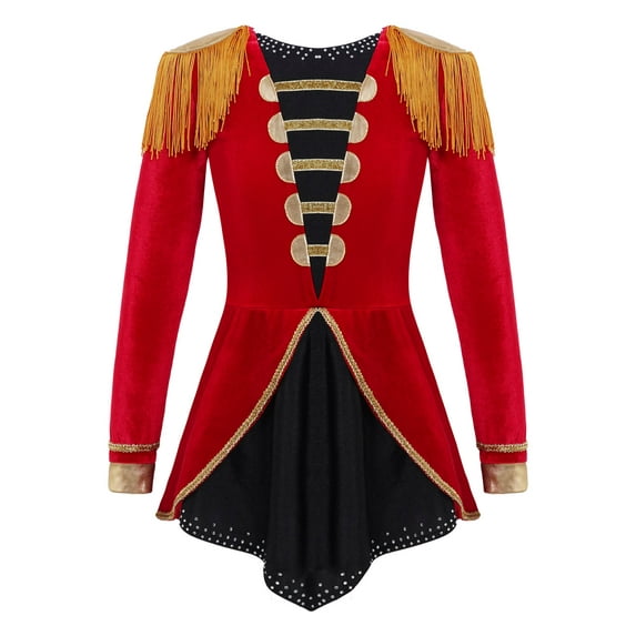 iixpin Marching Band Drummer Show Uniform for Girls Velvet Long Sleeve Tank Leotard Tail Skirts Ringmaster Tuxedo Red 8