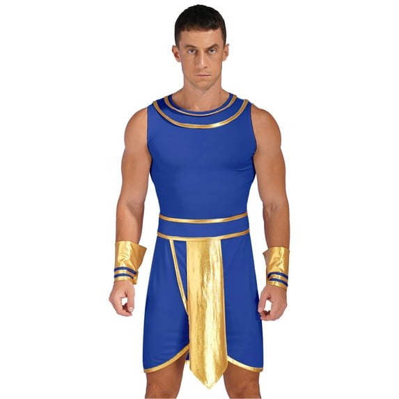 iixpin Men's 3 Pieces Mr Toga Greek God Set Toga Roman Dress with Wristband Blue XXL