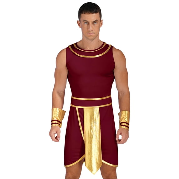 iixpin Men's 3 Pieces Mr Toga Greek God Set Toga Roman Dress with Wristband Burgundy L