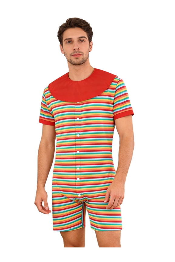 Men's One Piece Sleepwear Nightwear Short Sleeve Romper Striped Pajamas Bodysuit Homewear Rainbow XXL