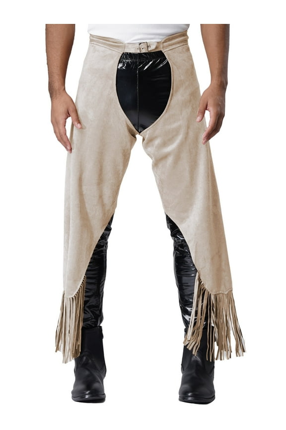 Men's Vintage Cowboy Chaps Faux Suede Pants Adjustable Buckles Tassel Split Trousers Beige XXL
