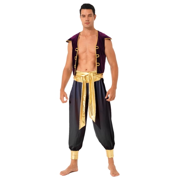 iixpin Mens Arab Prince Costume Halloween Golden Vest Waistcoat and Harem Pants Cosplay Fancy Outfit Black XXL