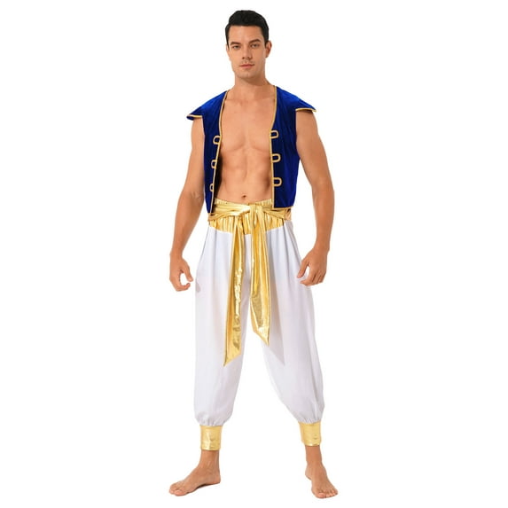 iixpin Mens Arab Prince Costume Halloween Golden Vest Waistcoat and Harem Pants Cosplay Fancy Outfit Blue XXL