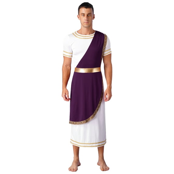iixpin Mens Halloween Toga Robe Ancient Roman Costume Short Sleeve Greek God Tunic with Belt Purple M
